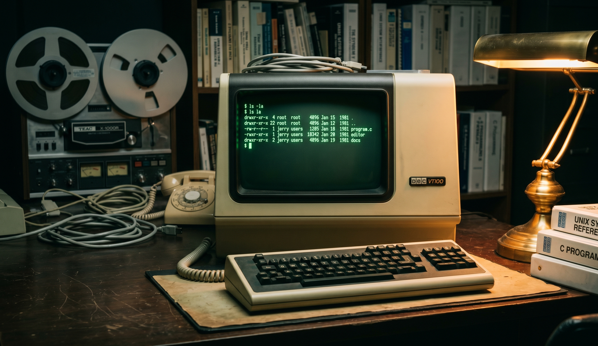 Old computer with CRT green-on-black screen